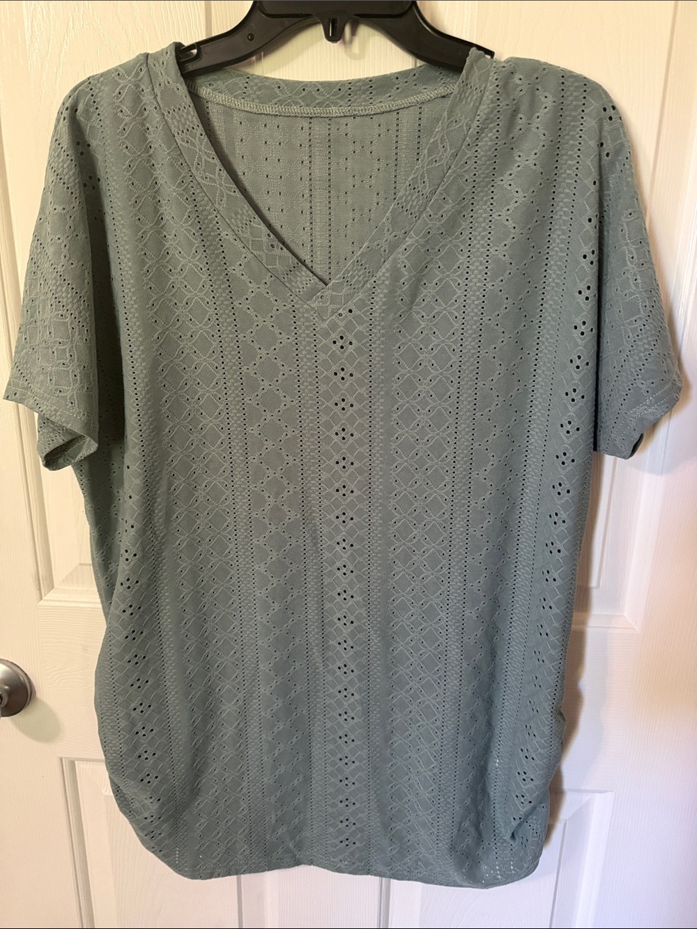 Amazon Sage Green Eyelet V-Neck Short Sleeve Top